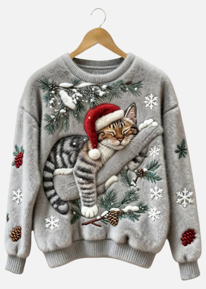 Fluffy | Sweter Damski Christmas Lazy Cat Art – Przytulny, Pluszowy
