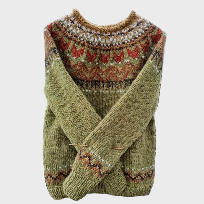 Sweter z wysokim kołnierzem z dzianiny w vintage'owym wzorze jacquardowym