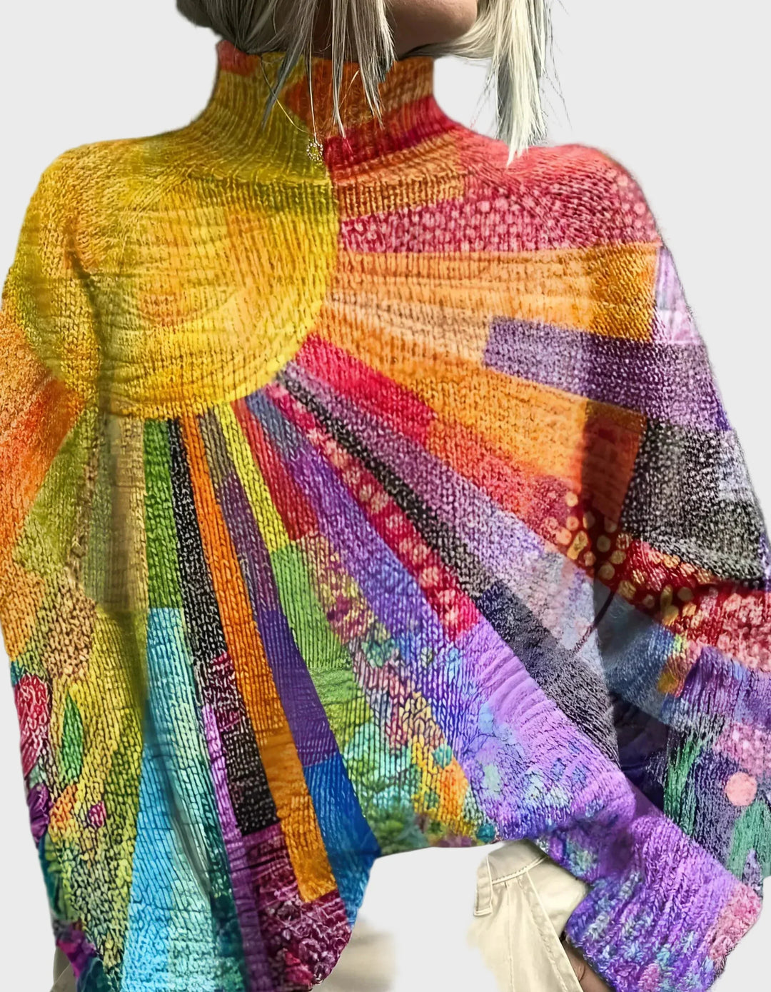Sweter z wysokim kołnierzem i żywym designem