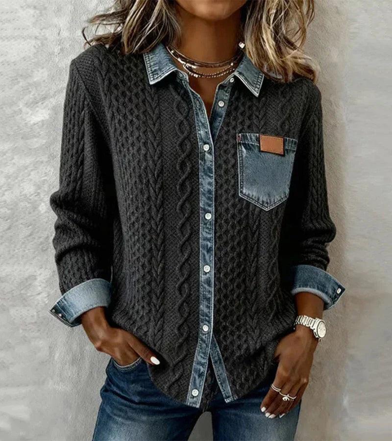 Ambra | Top z Dzianiny Patchworkowej z Detalami z Denimu
