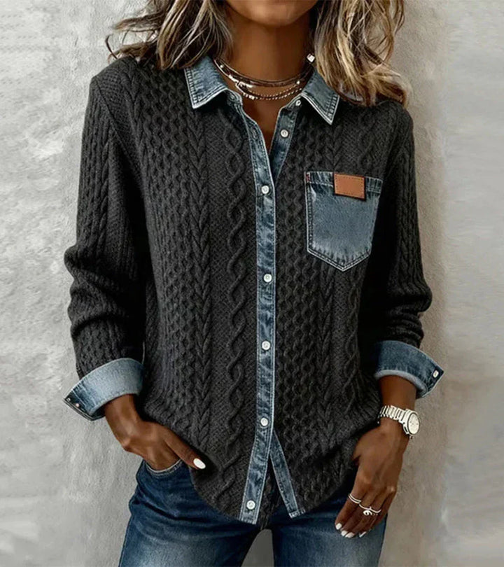 Ambra | Top z Dzianiny Patchworkowej z Detalami z Denimu