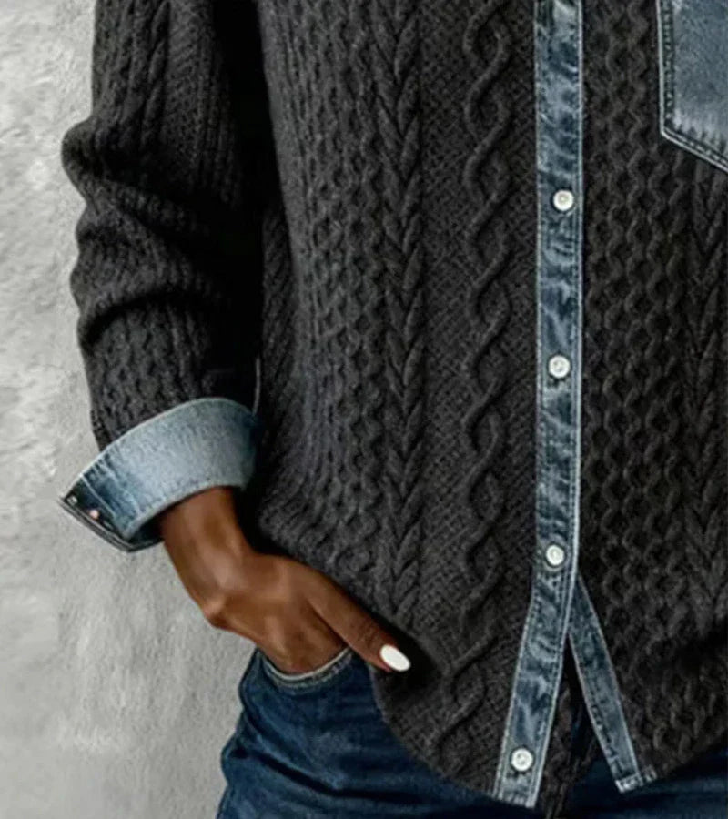 Ambra | Top z Dzianiny Patchworkowej z Detalami z Denimu