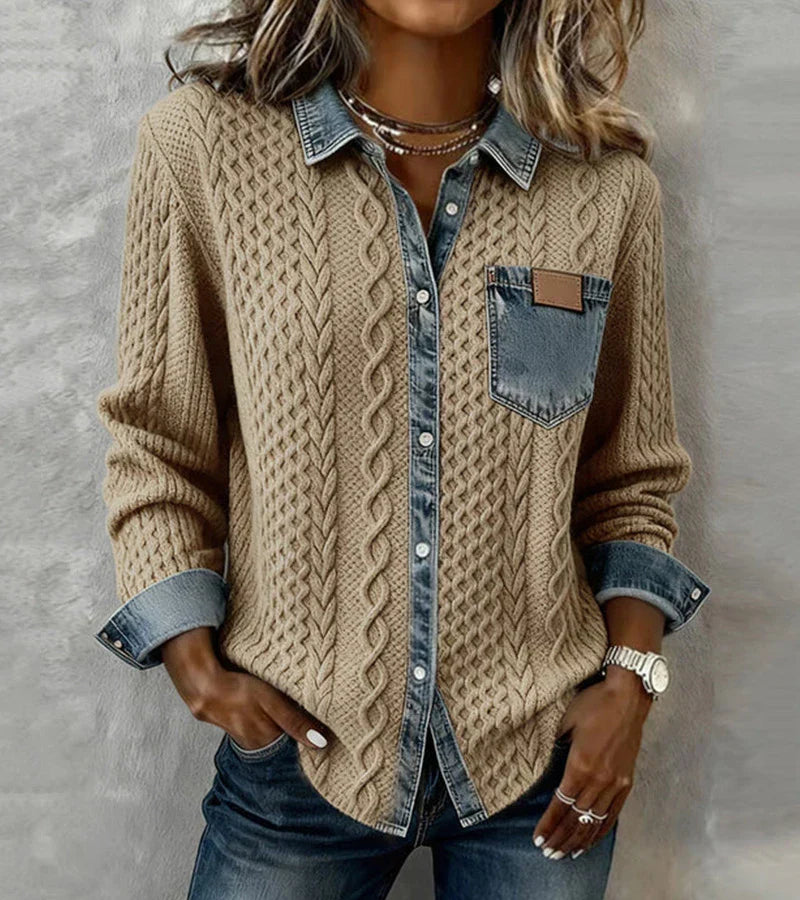Ambra | Top z Dzianiny Patchworkowej z Detalami z Denimu