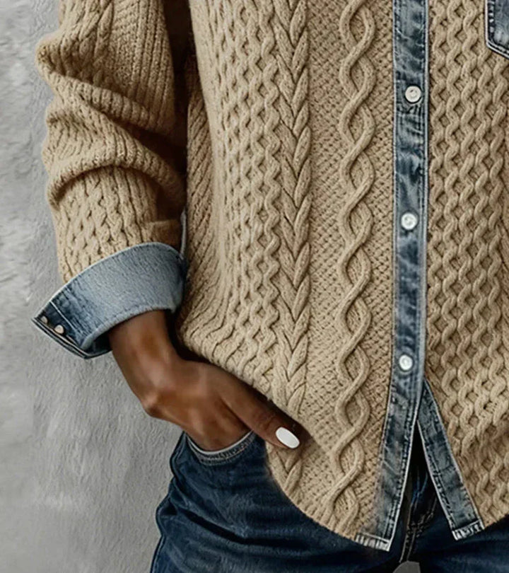Ambra | Top z Dzianiny Patchworkowej z Detalami z Denimu