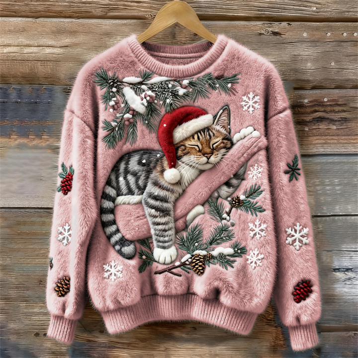 Fluffy | Sweter Damski Christmas Lazy Cat Art – Przytulny, Pluszowy