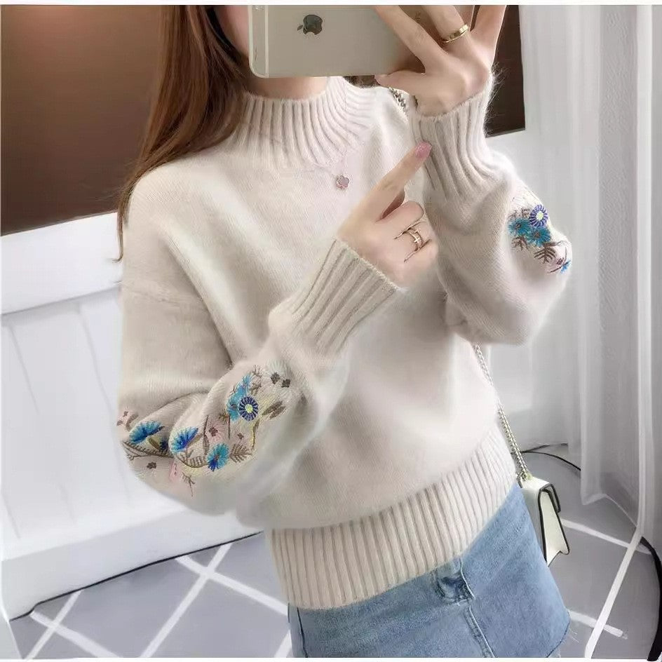 Floral | Gruby Sweter z Dzianiny Kaszmirowej z Kwiatowym Haftem