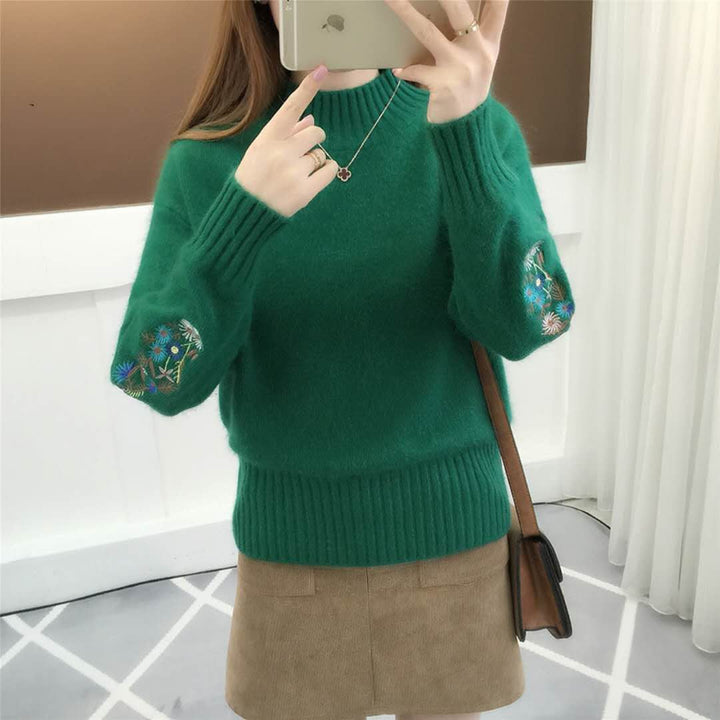 Floral | Gruby Sweter z Dzianiny Kaszmirowej z Kwiatowym Haftem