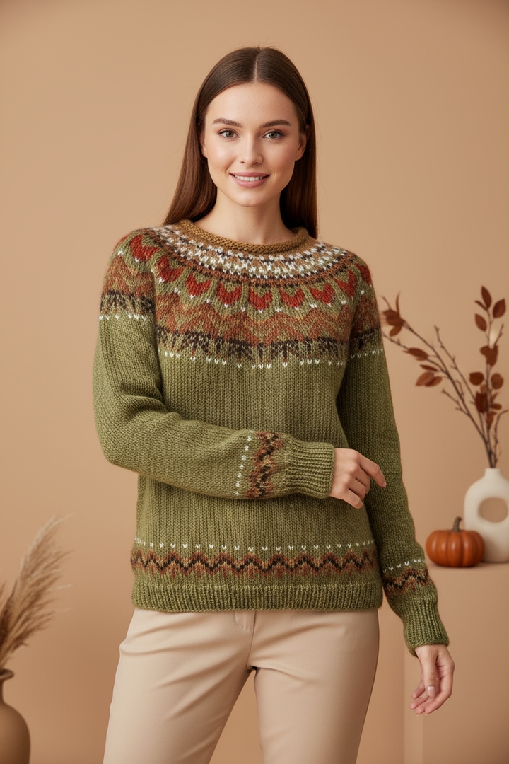 Sweter z wysokim kołnierzem z dzianiny w vintage'owym wzorze jacquardowym